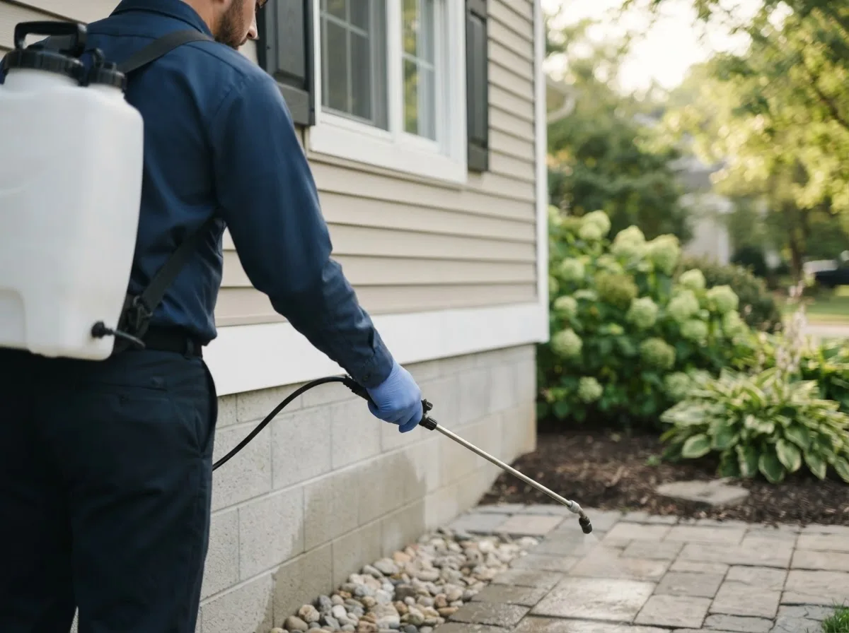 Pest control technician inspecting a home in East Brookfield, MA
